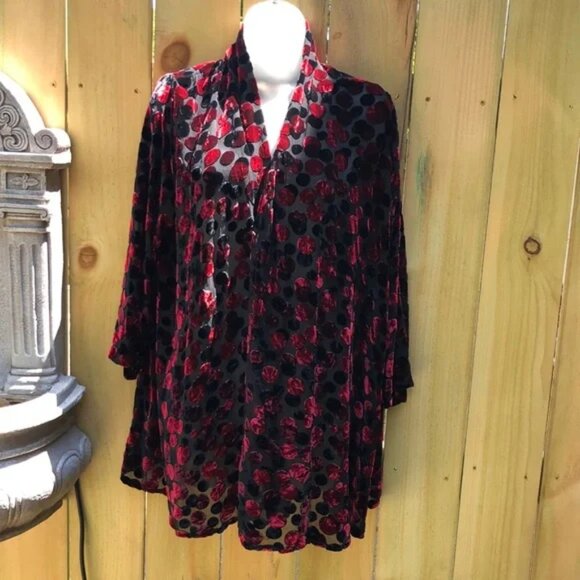 Stunning Caroline Rose Cardigan Kimono Burnout Black Red Silk Rayon Size M - Picture 1 of 13